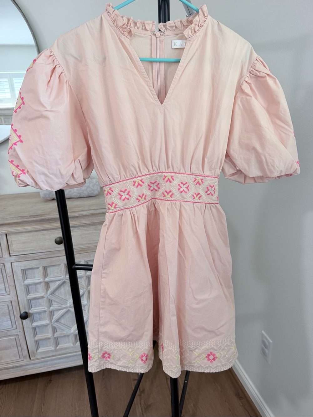 Karlie Light Pink Embroidered Puff-Sleeve Dress